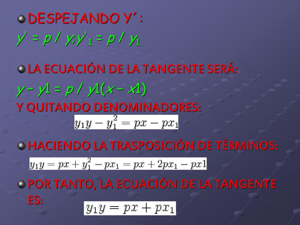 DESPEJANDO Y´: y = p / y;y 1 = p / y1. LA ECUACIÓN DE LA TANGENTE SERÁ: y − y1 = p / y1(x − x1) Y QUITANDO DENOMINADORES: