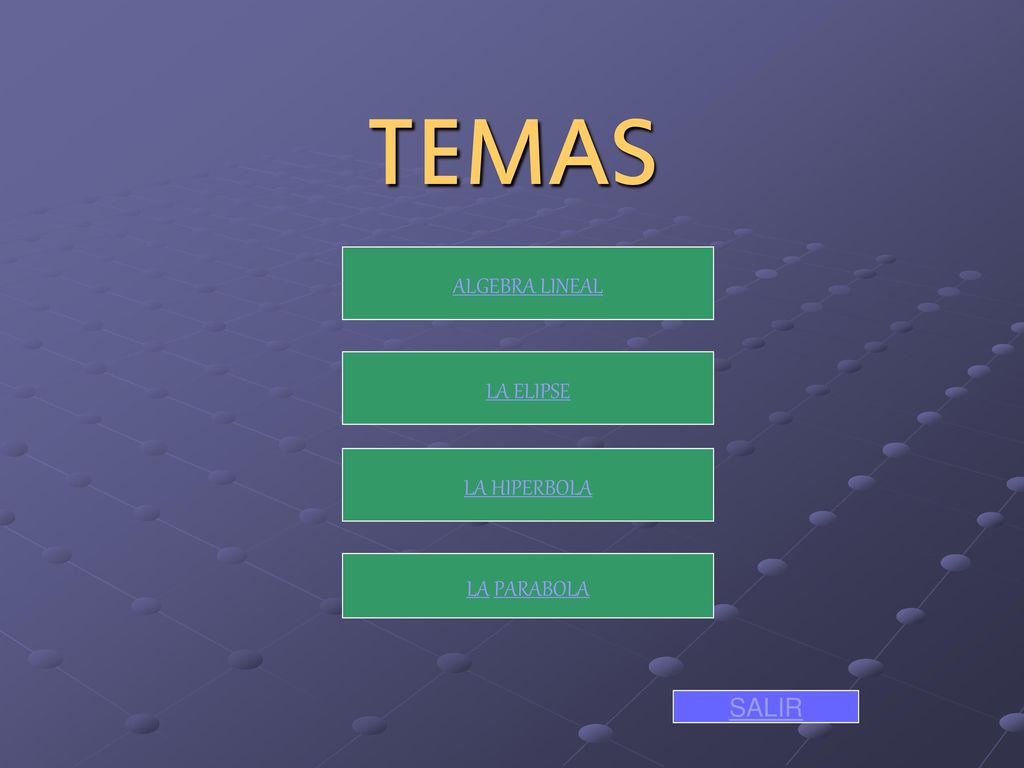 TEMAS ALGEBRA LINEAL LA ELIPSE LA HIPERBOLA LA PARABOLA SALIR