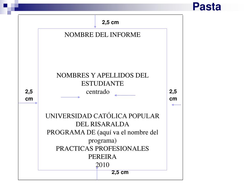 Pasta NOMBRE DEL INFORME NOMBRES Y APELLIDOS DEL ESTUDIANTE centrado