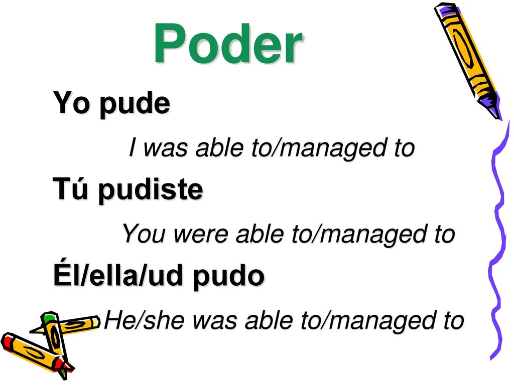 Poder Yo pude I was able to/managed to Tú pudiste