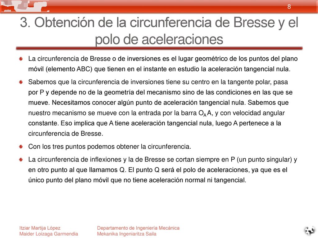 3. Obtención de la circunferencia de Bresse y el polo de aceleraciones