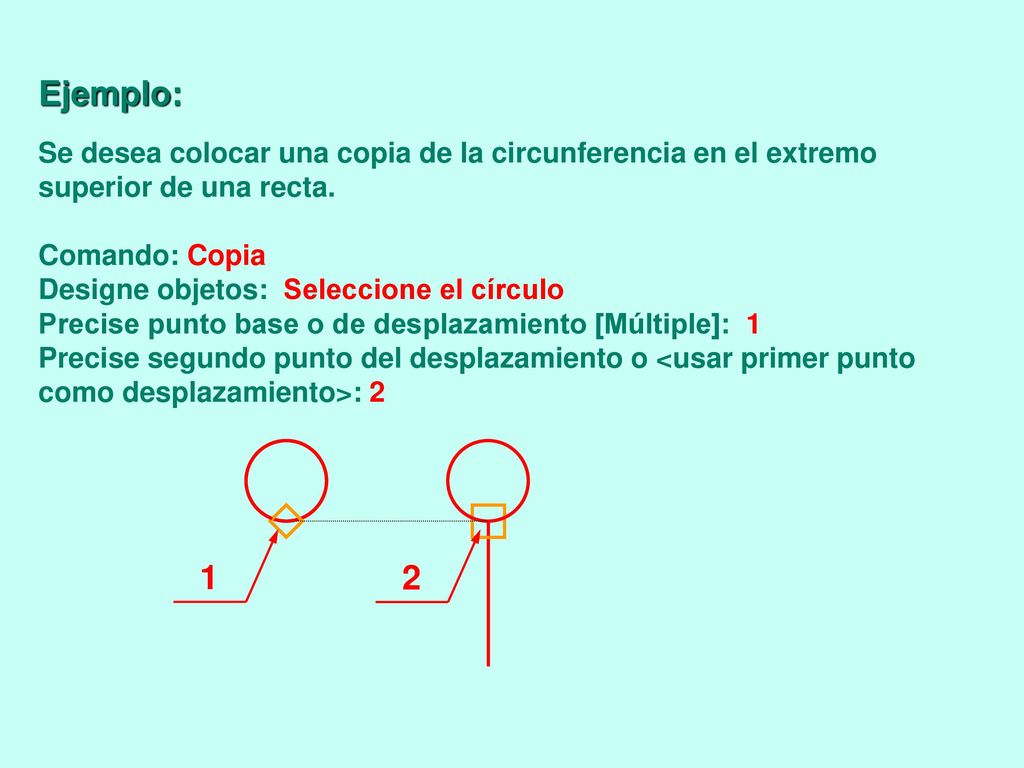 Ejemplo: Se desea colocar una copia de la circunferencia en el extremo superior de una recta. Comando: Copia.