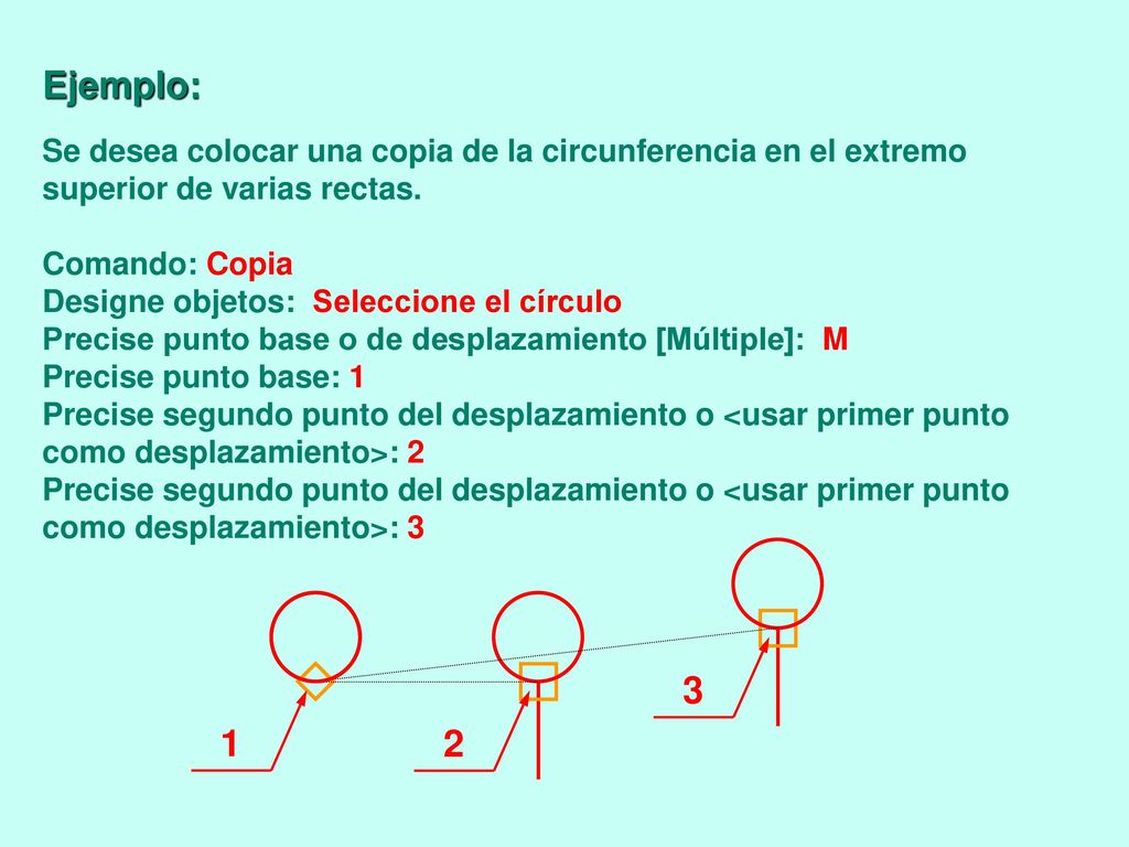 Ejemplo: Se desea colocar una copia de la circunferencia en el extremo superior de varias rectas. Comando: Copia.