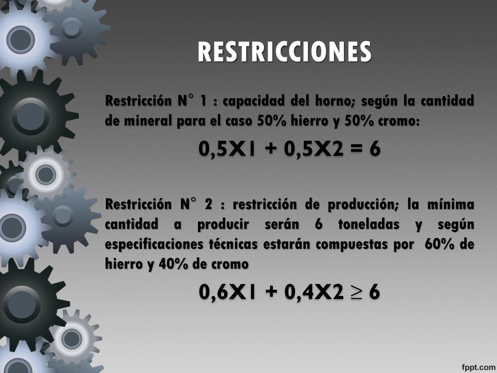 RESTRICCIONES 0,5X1 + 0,5X2 = 6 0,6X1 + 0,4X2 ≥ 6