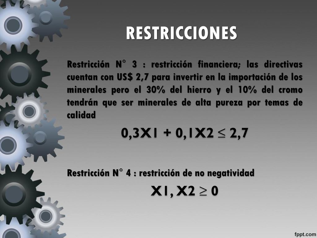 RESTRICCIONES 0,3X1 + 0,1X2 ≤ 2,7 X1, X2 ≥ 0