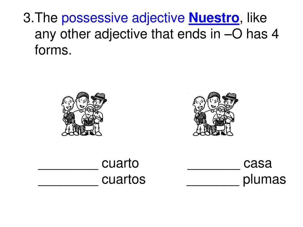 The possessive adjective Nuestro, like any other adjective that ends in –O has 4 forms.
