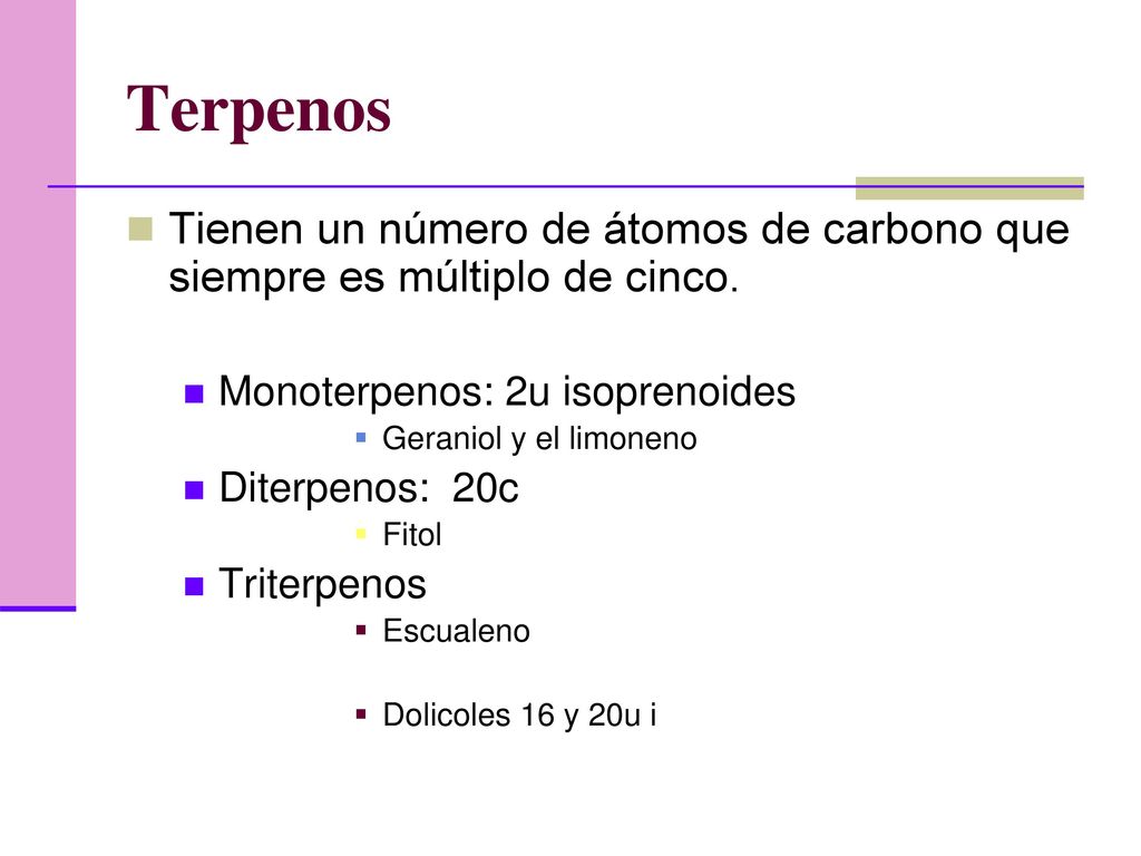 Terpenos Tienen un número de átomos de carbono que siempre es múltiplo de cinco. Monoterpenos: 2u isoprenoides.