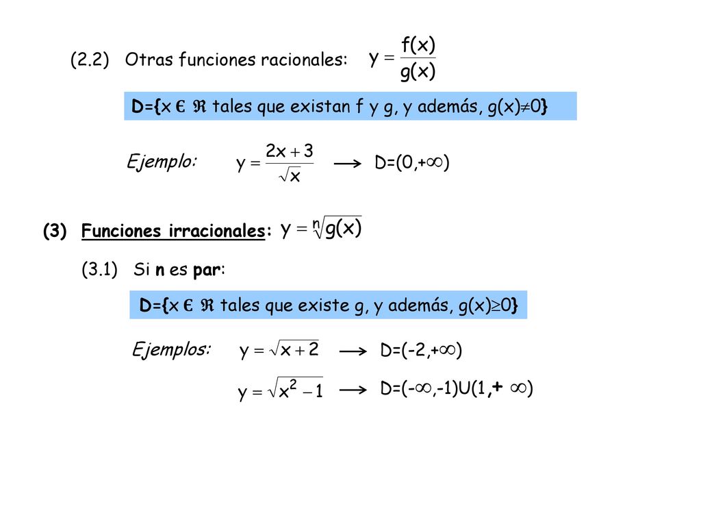 D={x Є  tales que existe g, y además, g(x)0}