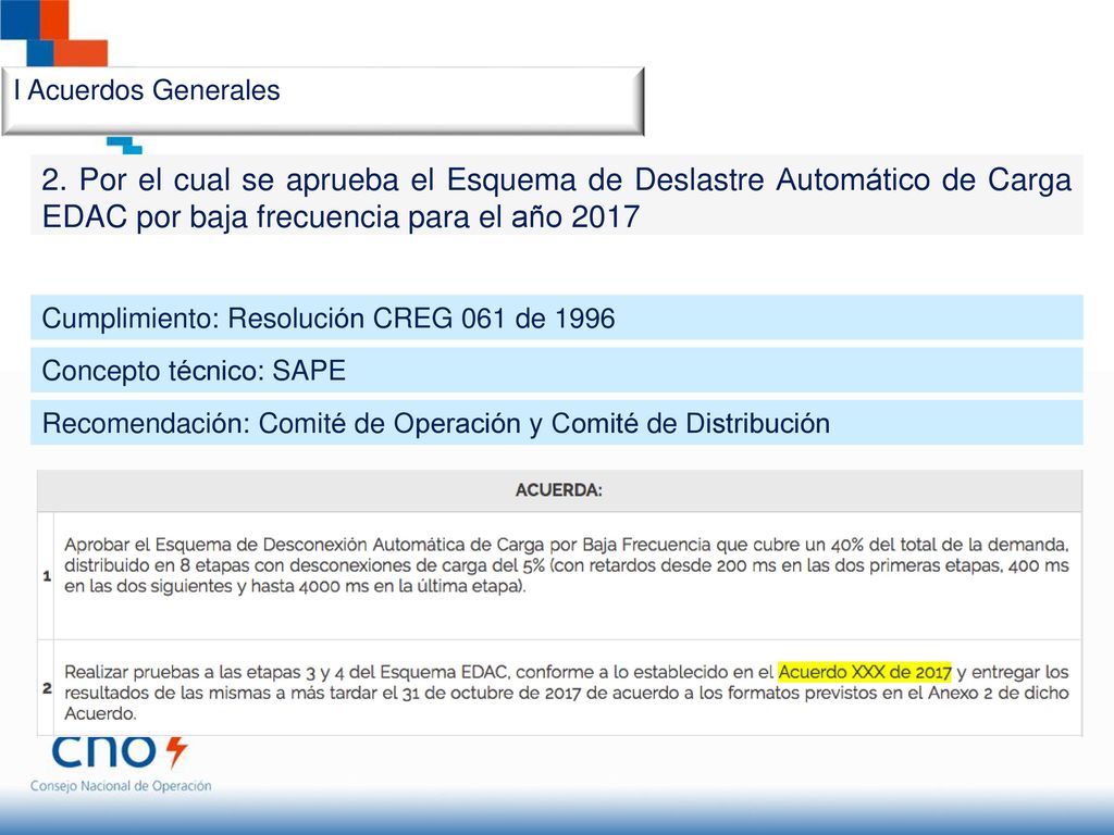 I Acuerdos Generales 2. Por el cual se aprueba el Esquema de Deslastre Automático de Carga EDAC por baja frecuencia para el año