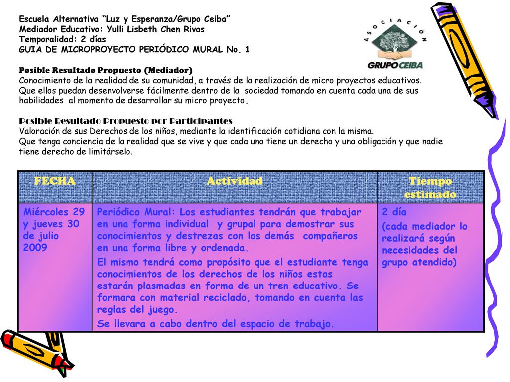 FECHA Actividad Tiempo estimado Miércoles 29 y jueves 30 de julio 2009