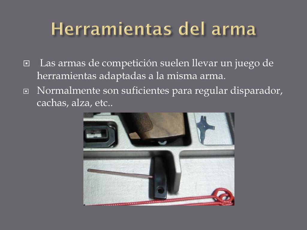 Herramientas del arma Las armas de competición suelen llevar un juego de herramientas adaptadas a la misma arma.