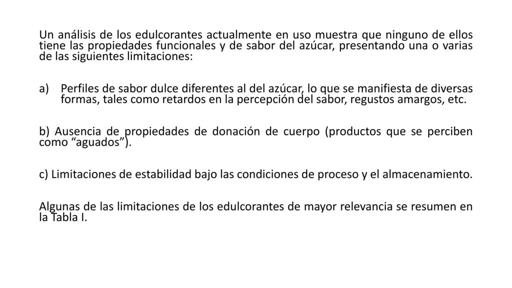 Un análisis de los edulcorantes actualmente en uso muestra que ninguno de ellos tiene las propiedades funcionales y de sabor del azúcar, presentando una o varias de las siguientes limitaciones: