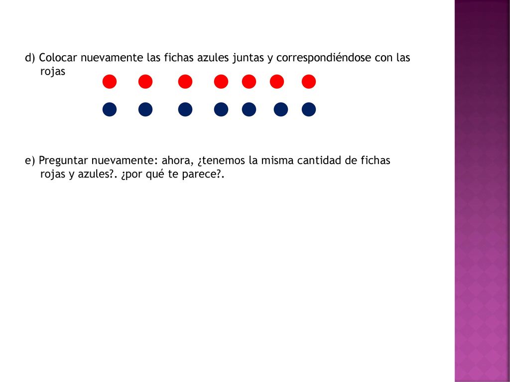 d) Colocar nuevamente las fichas azules juntas y correspondiéndose con las rojas e) Preguntar nuevamente: ahora, ¿tenemos la misma cantidad de fichas rojas y azules .