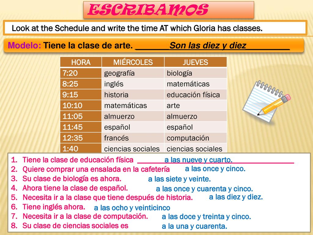 Escribamos Look at the Schedule and write the time AT which Gloria has classes. Modelo: Tiene la clase de arte. _______Son las diez y diez_________
