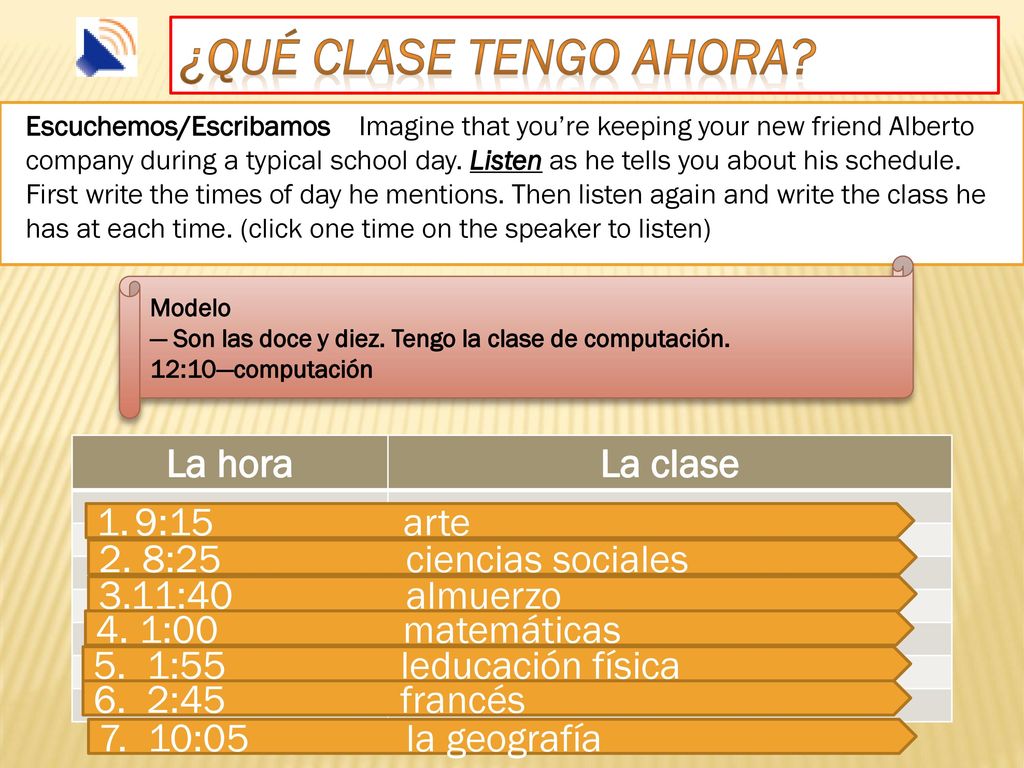 ¿Qué clase tengo ahora La hora La clase 9:15 arte