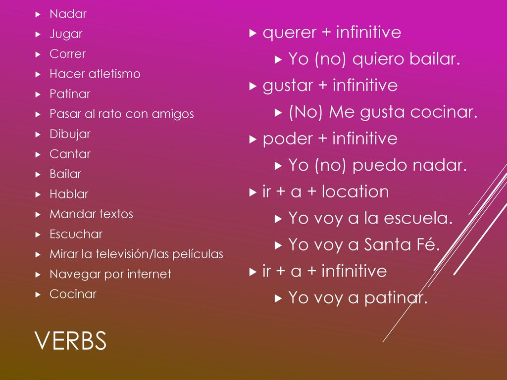 verbs querer + infinitive Yo (no) quiero bailar. gustar + infinitive