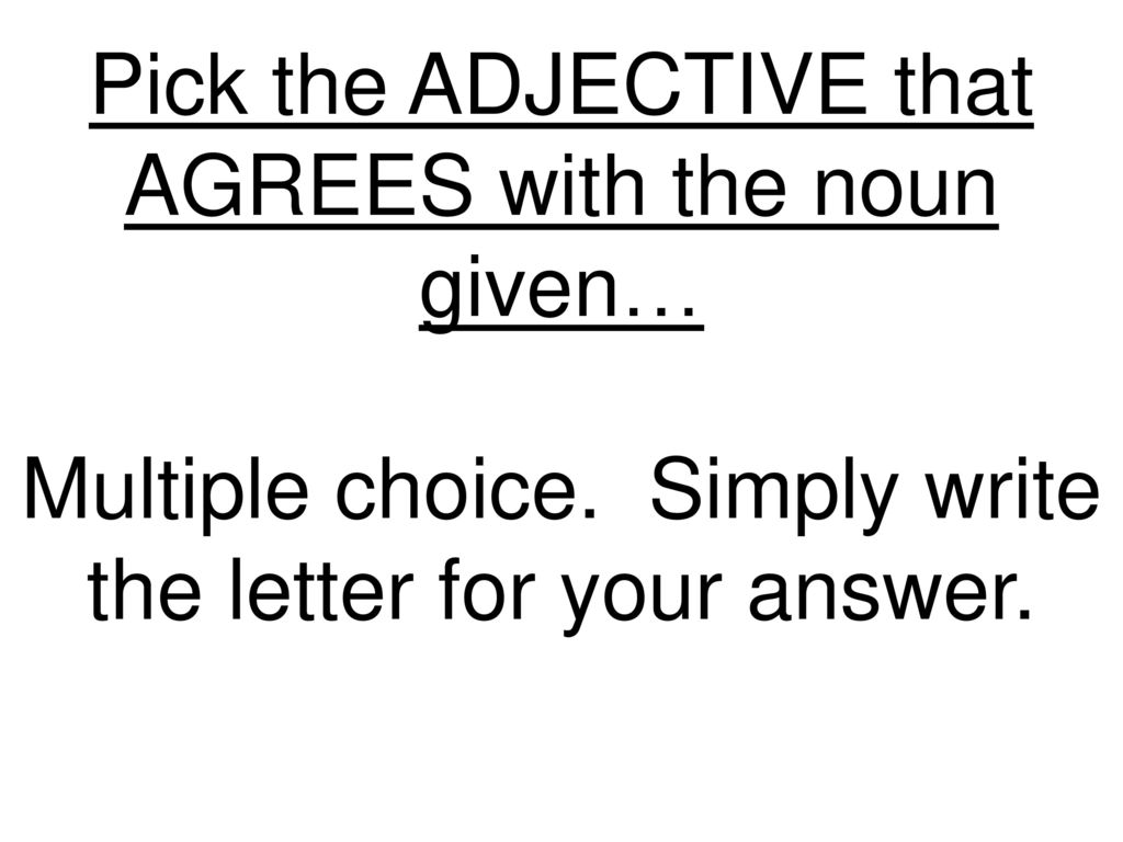 Pick the ADJECTIVE that AGREES with the noun given… Multiple choice