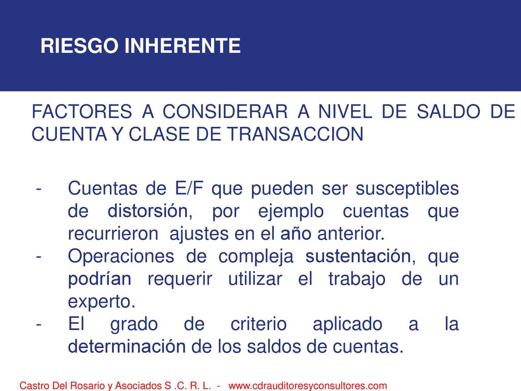 RIESGO INHERENTE FACTORES A CONSIDERAR A NIVEL DE SALDO DE CUENTA Y CLASE DE TRANSACCION.