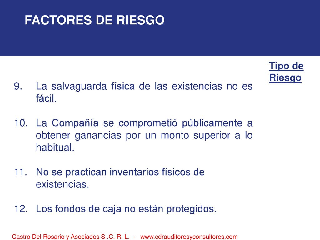 FACTORES DE RIESGO Tipo de. Riesgo. 9. La salvaguarda física de las existencias no es fácil.