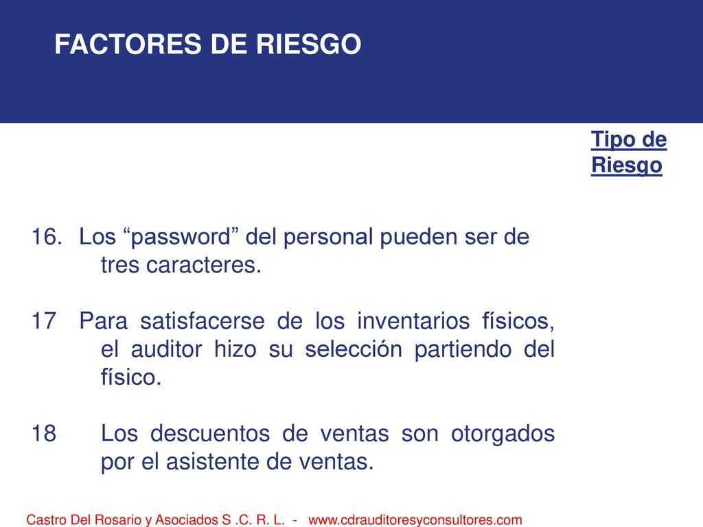 FACTORES DE RIESGO Tipo de. Riesgo. 16. Los password del personal pueden ser de tres caracteres.