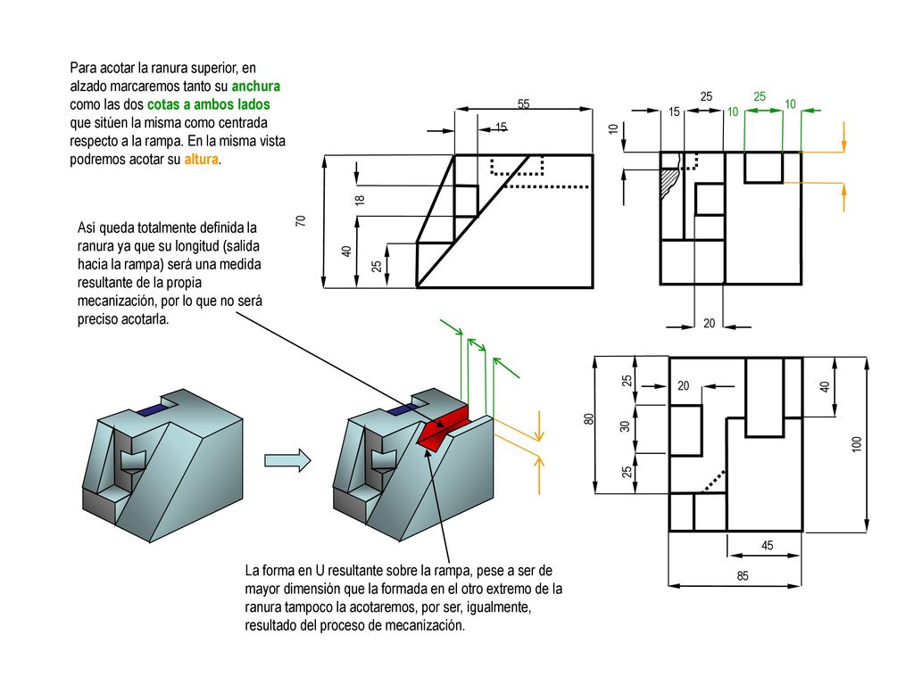 Para acotar la ranura superior, en alzado marcaremos tanto su anchura como las dos cotas a ambos lados que sitúen la misma como centrada respecto a la rampa. En la misma vista podremos acotar su altura.