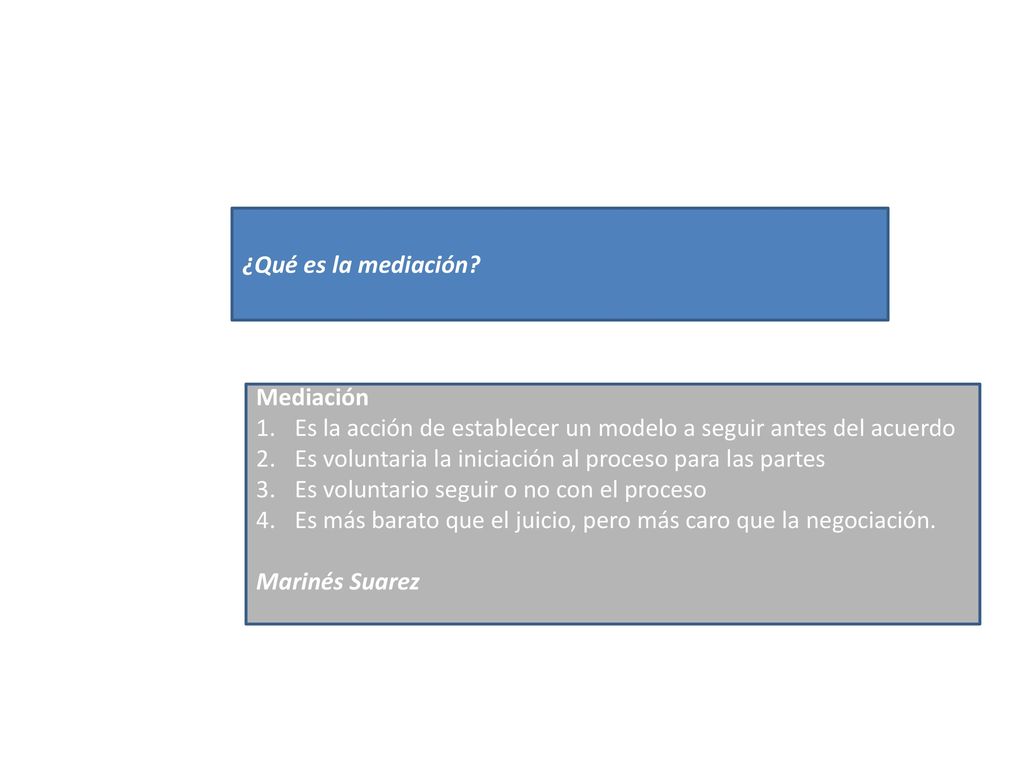 ¿Qué es la mediación Mediación. Es la acción de establecer un modelo a seguir antes del acuerdo.