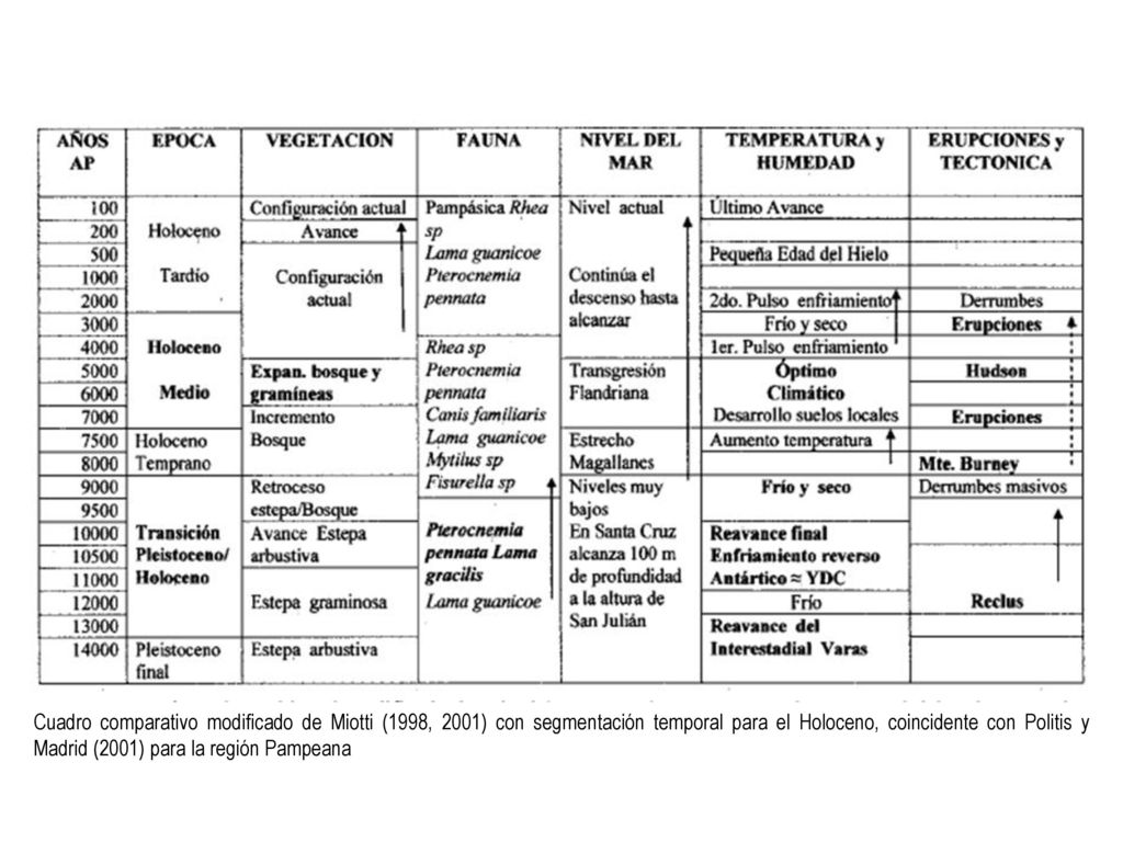 Cuadro comparativo modificado de Miotti (1998, 2001) con segmentación temporal para el Holoceno, coincidente con Politis y Madrid (2001) para la región Pampeana