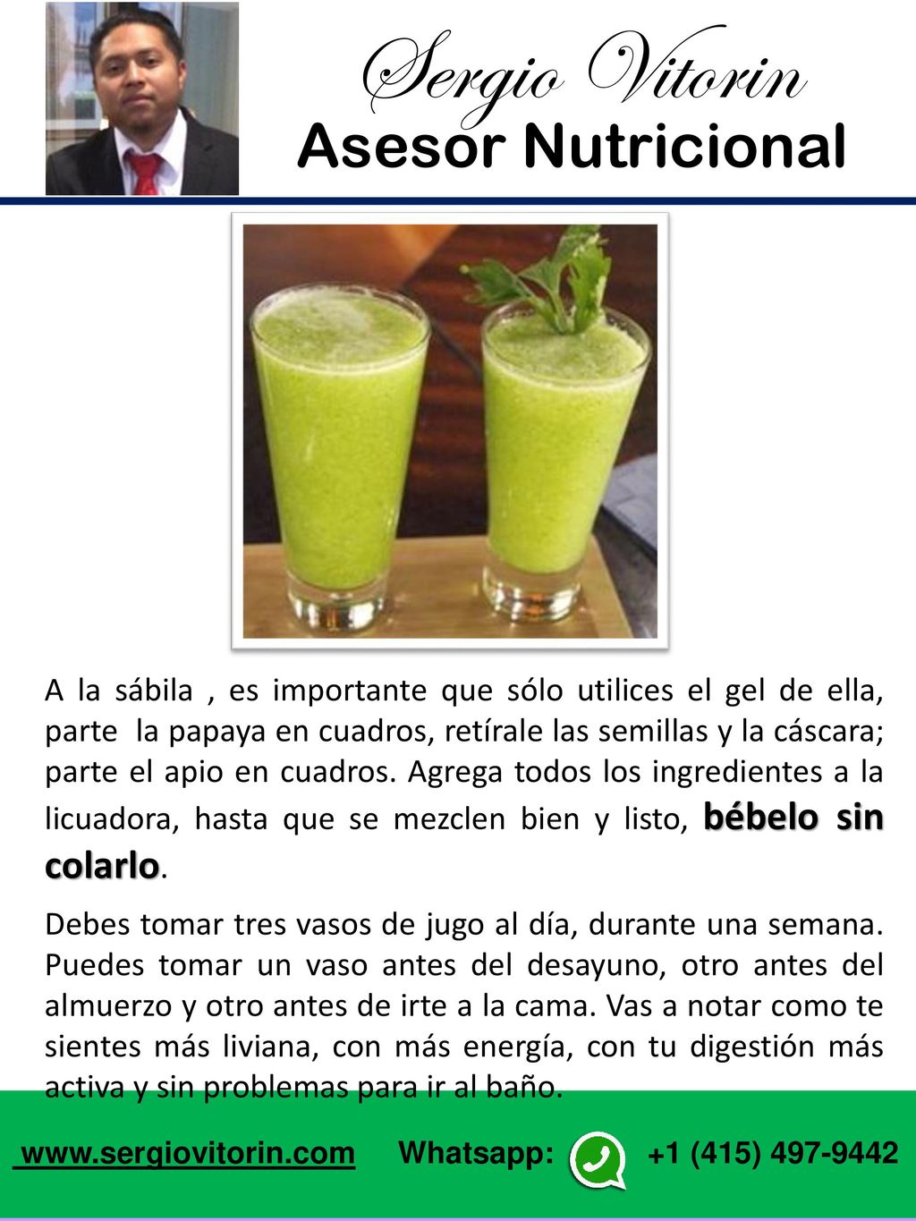 A la sábila , es importante que sólo utilices el gel de ella, parte la papaya en cuadros, retírale las semillas y la cáscara; parte el apio en cuadros. Agrega todos los ingredientes a la licuadora, hasta que se mezclen bien y listo, bébelo sin colarlo.