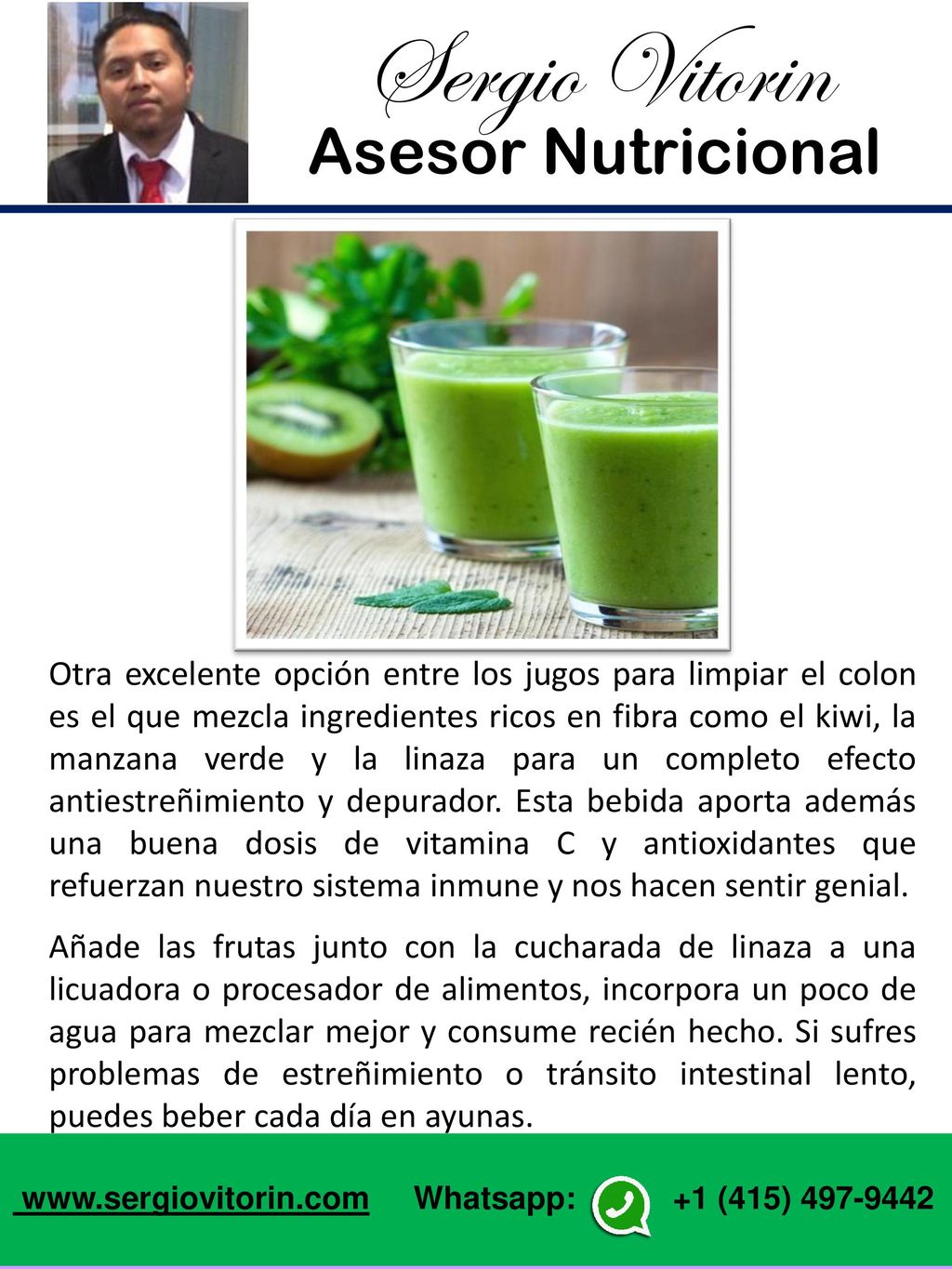 Otra excelente opción entre los jugos para limpiar el colon es el que mezcla ingredientes ricos en fibra como el kiwi, la manzana verde y la linaza para un completo efecto antiestreñimiento y depurador. Esta bebida aporta además una buena dosis de vitamina C y antioxidantes que refuerzan nuestro sistema inmune y nos hacen sentir genial.
