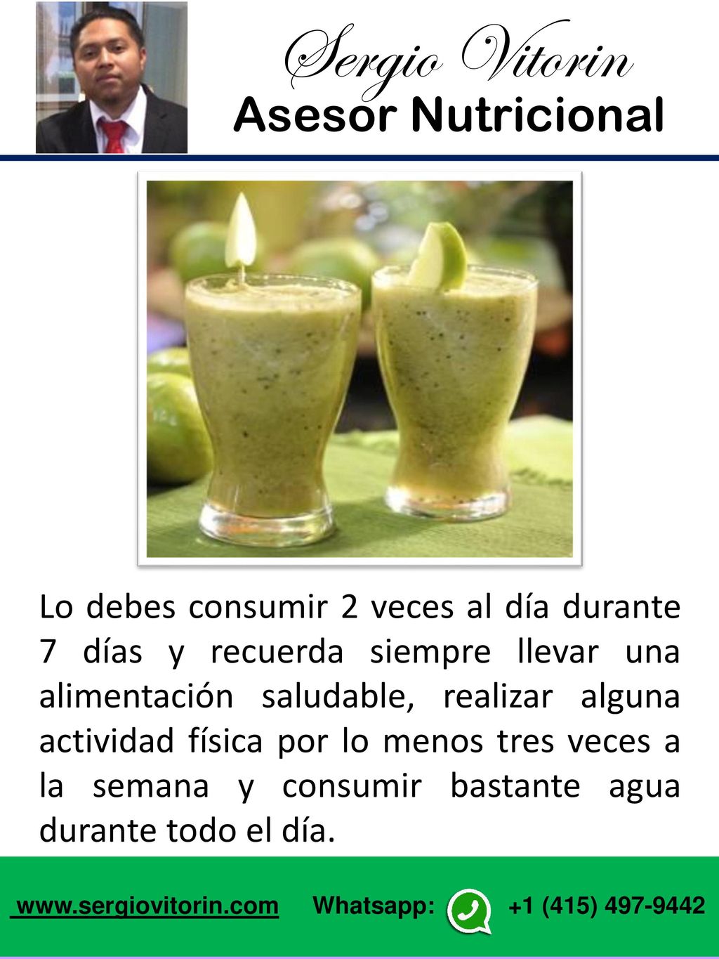 Lo debes consumir 2 veces al día durante 7 días y recuerda siempre llevar una alimentación saludable, realizar alguna actividad física por lo menos tres veces a la semana y consumir bastante agua durante todo el día.