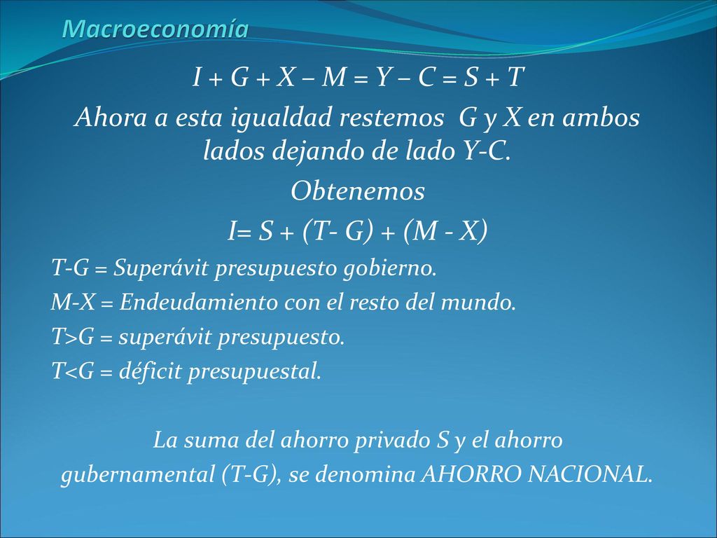 Macroeconomía I + G + X – M = Y – C = S + T