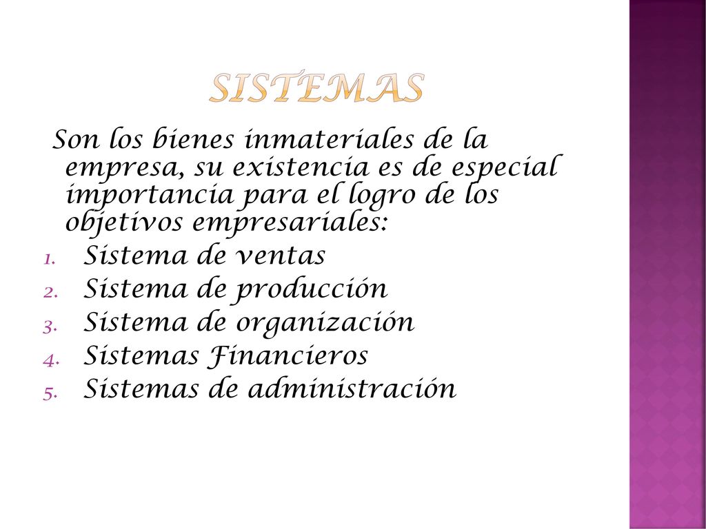 sistemas Son los bienes inmateriales de la empresa, su existencia es de especial importancia para el logro de los objetivos empresariales: