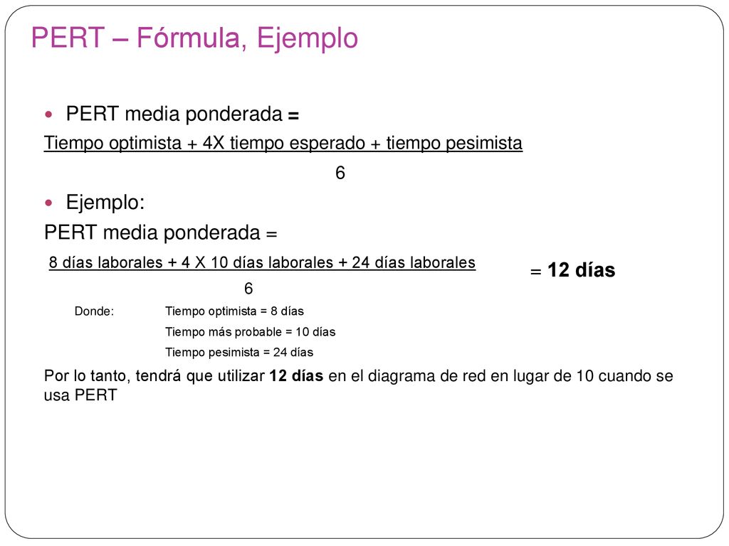 PERT – Fórmula, Ejemplo PERT media ponderada = 6 Ejemplo: = 12 días