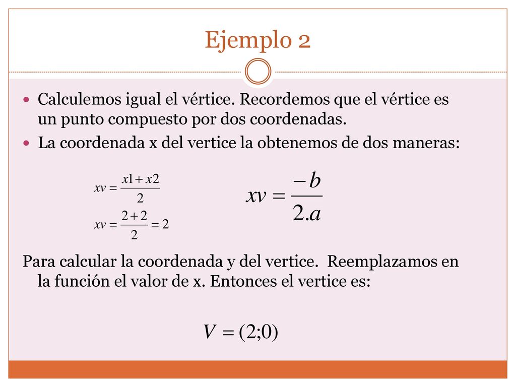 Ejemplo 2 Calculemos igual el vértice. Recordemos que el vértice es un punto compuesto por dos coordenadas.