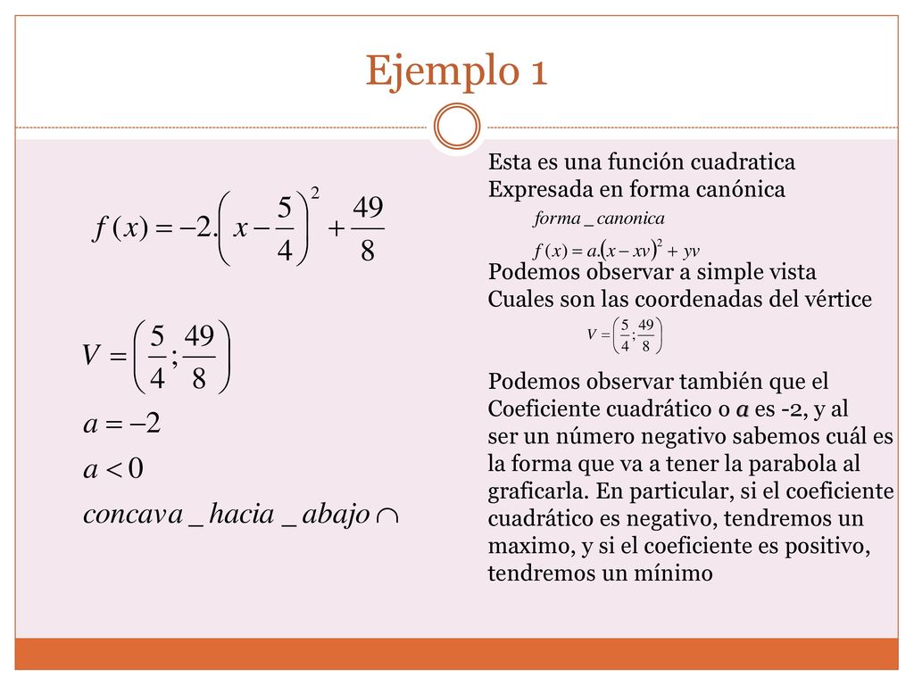 Ejemplo 1 Esta es una función cuadratica Expresada en forma canónica