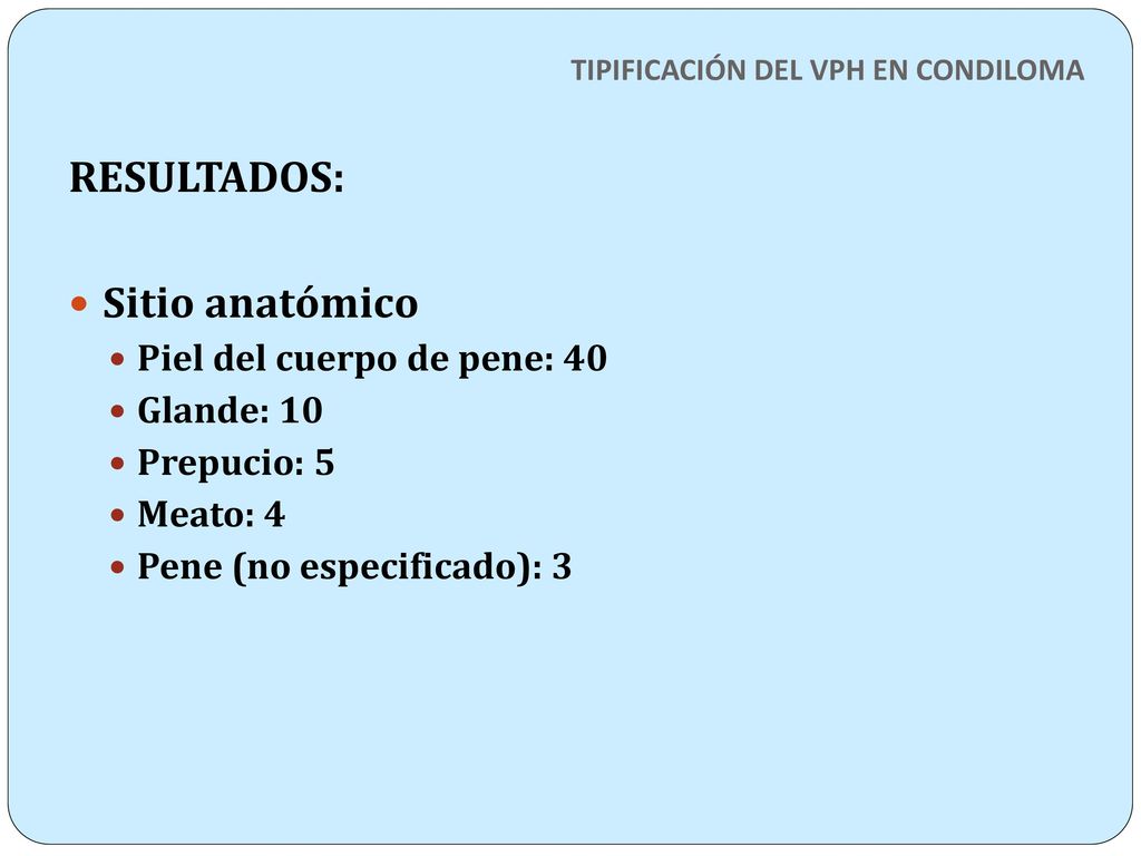 RESULTADOS: Sitio anatómico Piel del cuerpo de pene: 40 Glande: 10