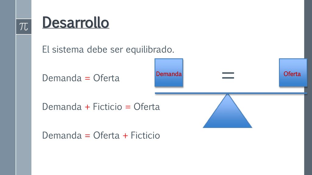 = Desarrollo El sistema debe ser equilibrado. Demanda = Oferta