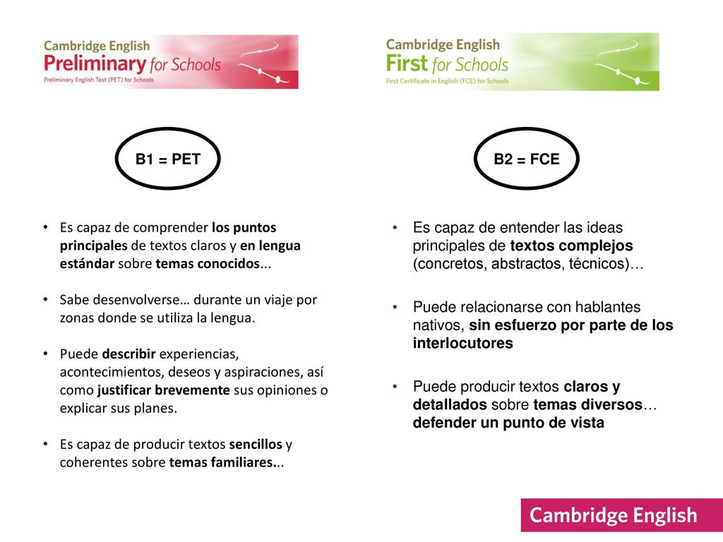 B1 = PET B2 = FCE. Es capaz de comprender los puntos principales de textos claros y en lengua estándar sobre temas conocidos...