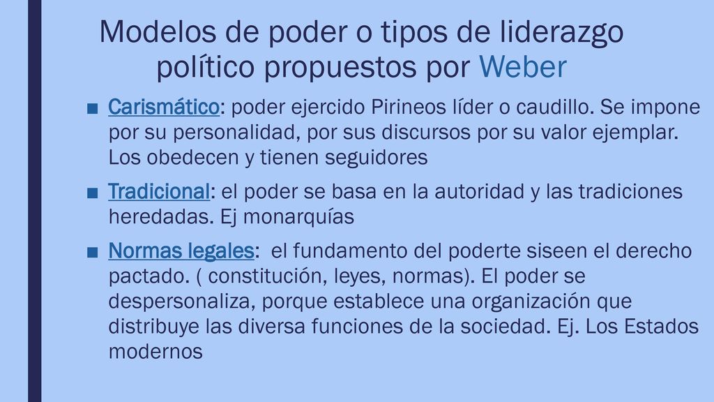 Modelos de poder o tipos de liderazgo político propuestos por Weber