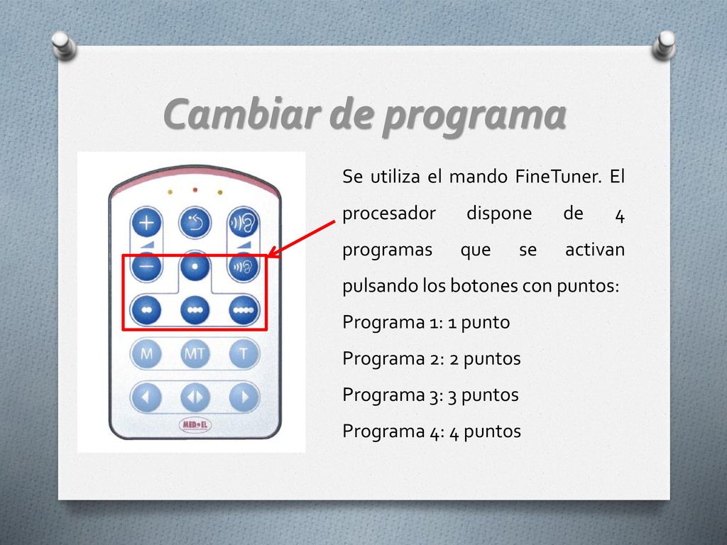Cambiar de programa Se utiliza el mando FineTuner. El procesador dispone de 4 programas que se activan pulsando los botones con puntos: