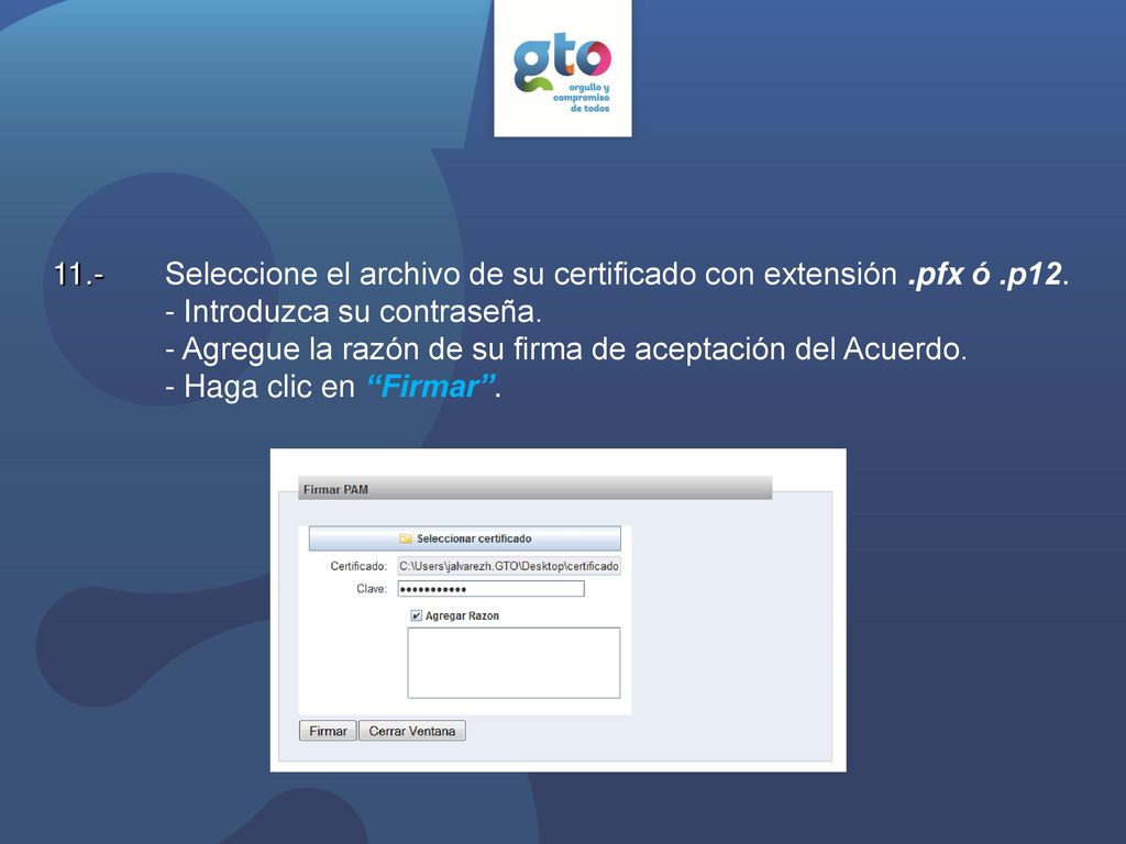 Seleccione el archivo de su certificado con extensión. pfx ó