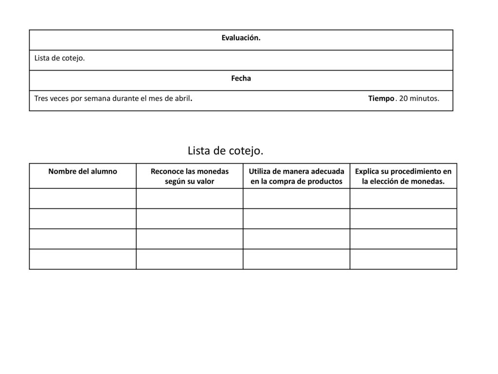 Lista de cotejo. Evaluación. Lista de cotejo. Fecha