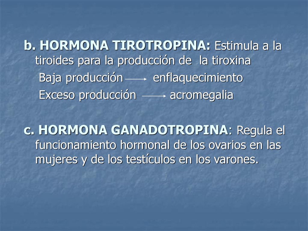 b. HORMONA TIROTROPINA: Estimula a la tiroides para la producción de la tiroxina