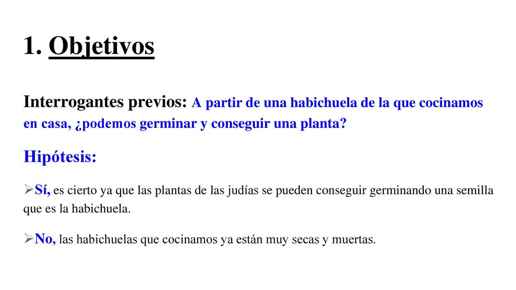 1. Objetivos Interrogantes previos: A partir de una habichuela de la que cocinamos en casa, ¿podemos germinar y conseguir una planta