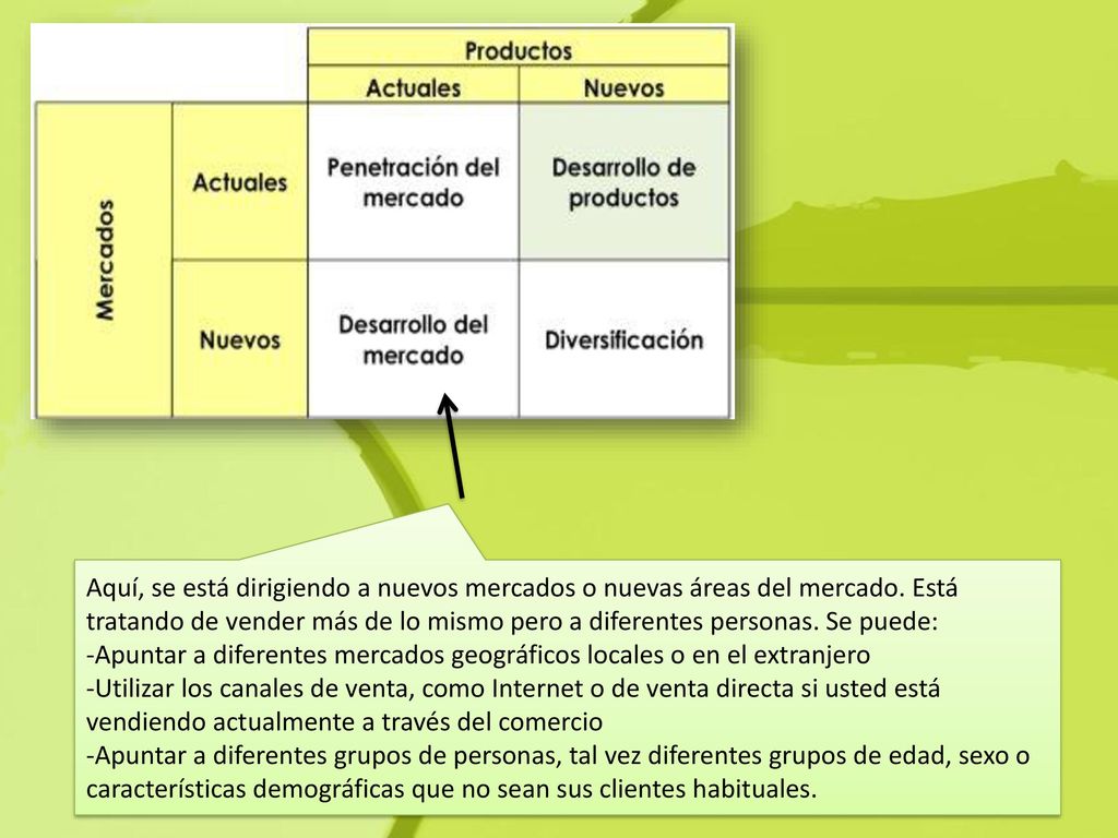 Aquí, se está dirigiendo a nuevos mercados o nuevas áreas del mercado