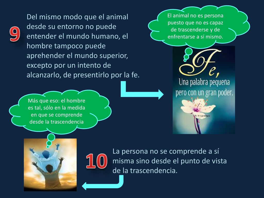 El animal no es persona puesto que no es capaz de trascenderse y de enfrentarse a sí mismo.