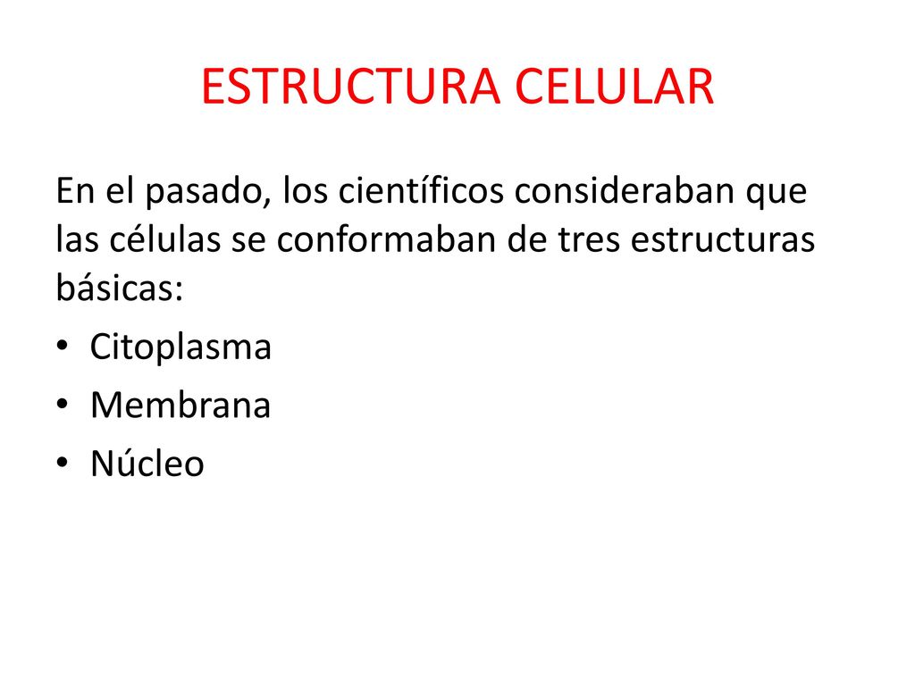 ESTRUCTURA CELULAR En el pasado, los científicos consideraban que las células se conformaban de tres estructuras básicas: