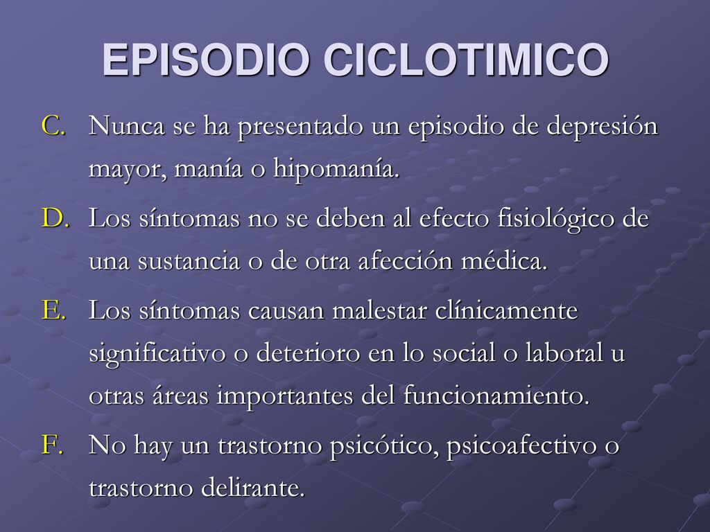 EPISODIO CICLOTIMICO Nunca se ha presentado un episodio de depresión mayor, manía o hipomanía.