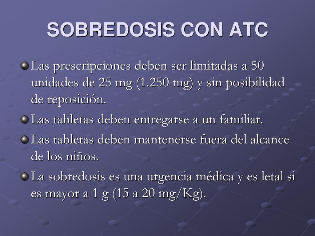 SOBREDOSIS CON ATC Las prescripciones deben ser limitadas a 50 unidades de 25 mg (1.250 mg) y sin posibilidad de reposición.