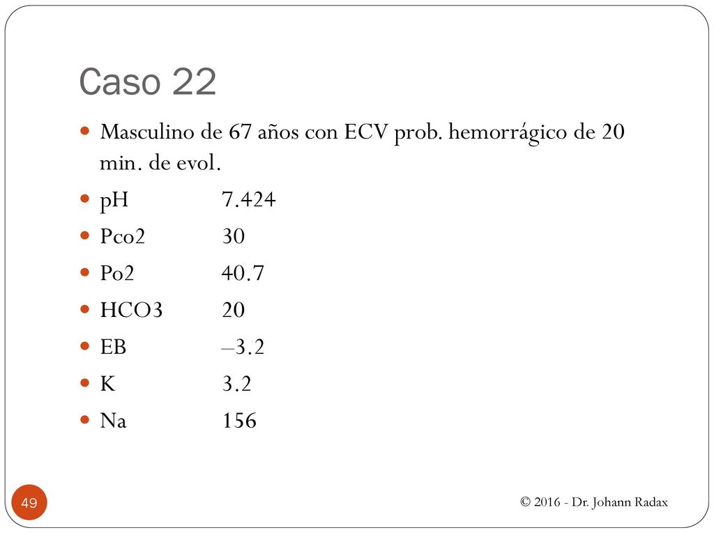 Caso 22 Masculino de 67 años con ECV prob. hemorrágico de 20 min. de evol. pH Pco2 30.